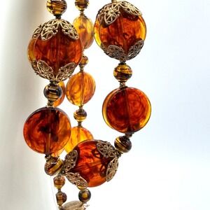 Miriam Haskell Signed Amber Tortoise Bead Necklace Gilt Filigree 28' Rare VTG